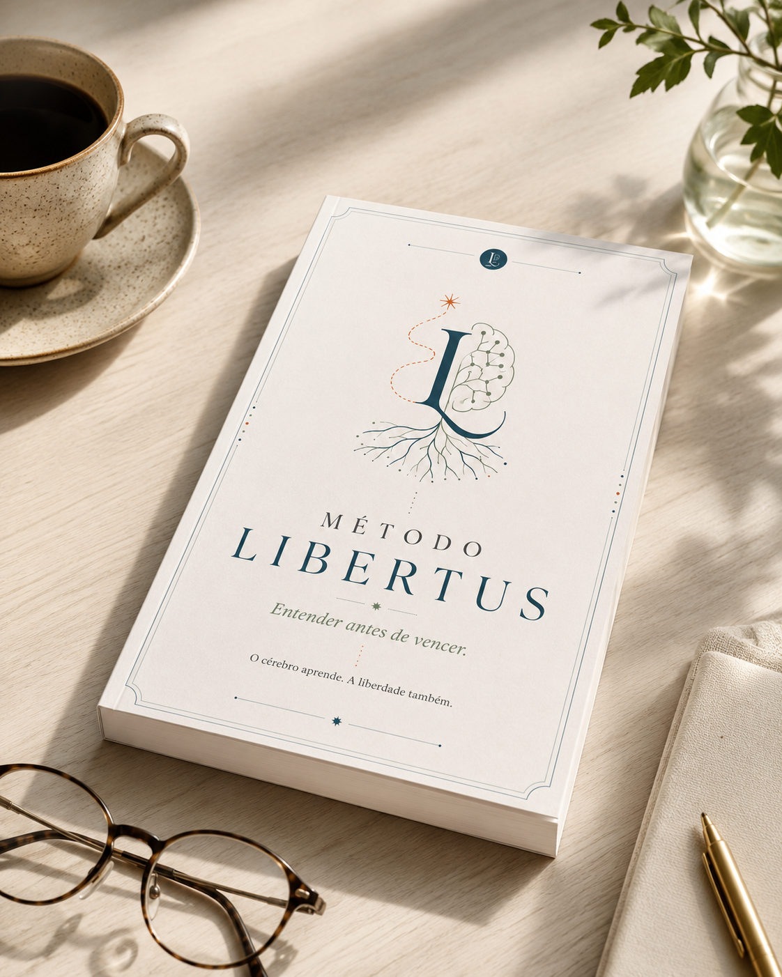 Livro Método Libertus sobre a mesa, ao lado de xícara de café e óculos