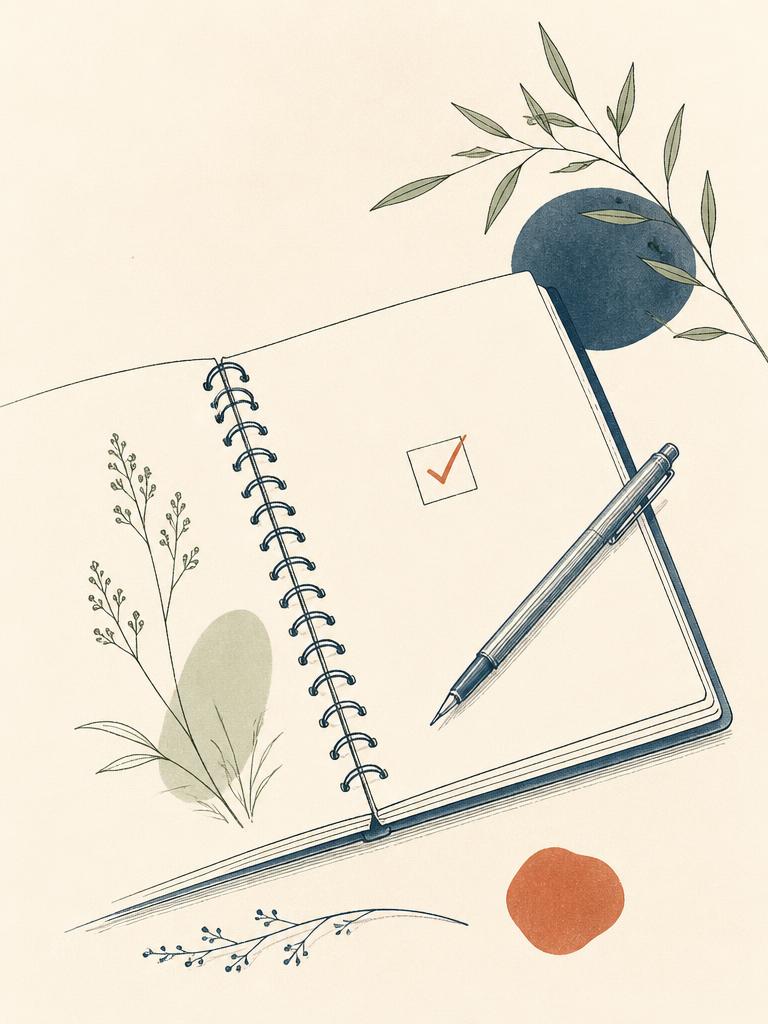 Caderno espiral aberto com caneta apoiada e checkbox marcado