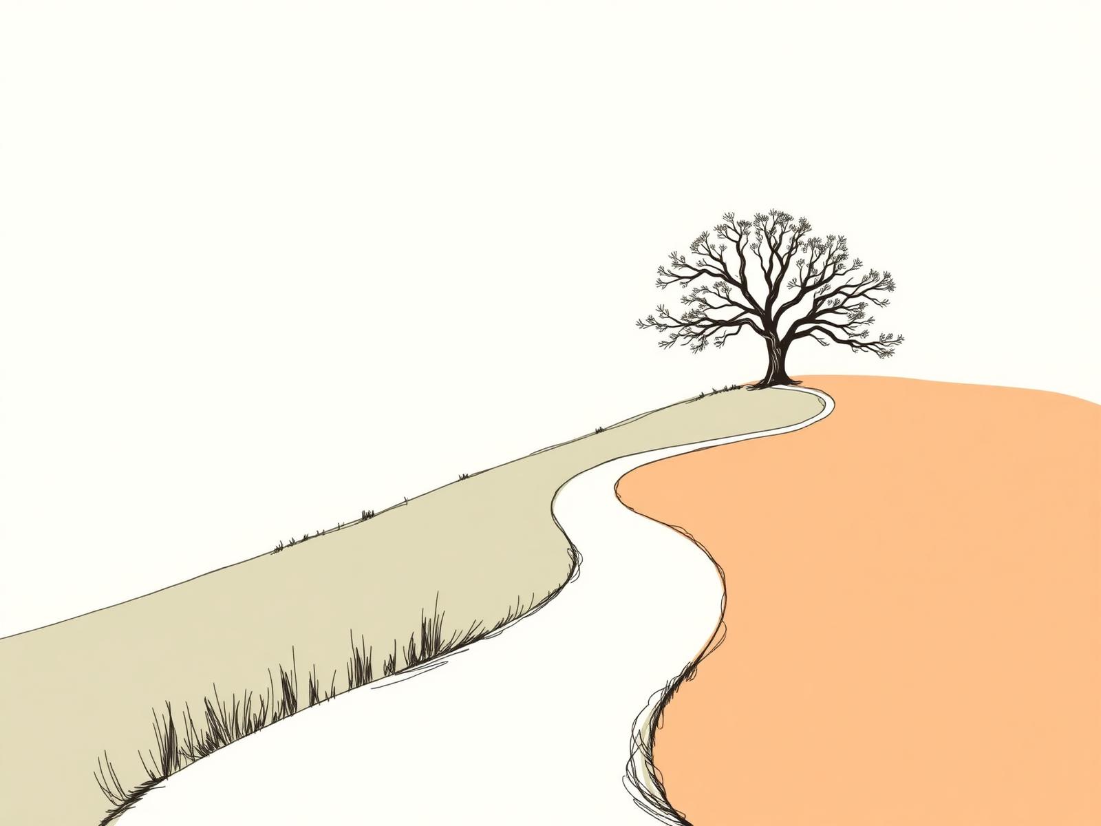 Ilustração de um caminho sereno levando a uma árvore ao amanhecer — metáfora do Método Libertus