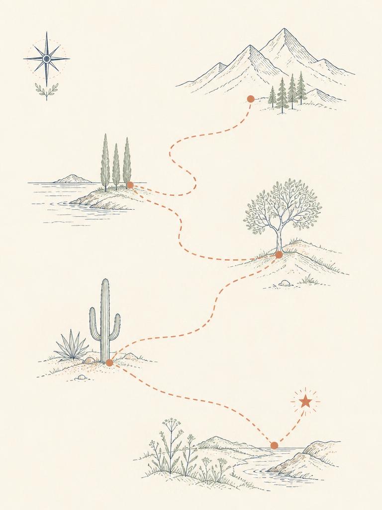Ilustração editorial de um mapa desenhado à mão com pontos ligados por linha pontilhada
